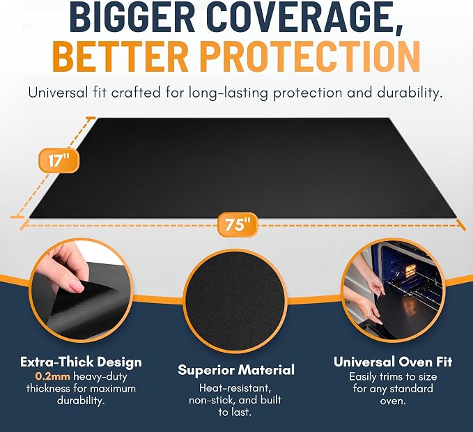 Oven Liners for Bottom of Oven - Large Heavy Duty Mats, 17” x 75” Non-Stick Reusable Liner for Electric, Gas, Toasters, Grills - BPA & PFOA Free Kitchen Accessory to Keep It Clean (Black)