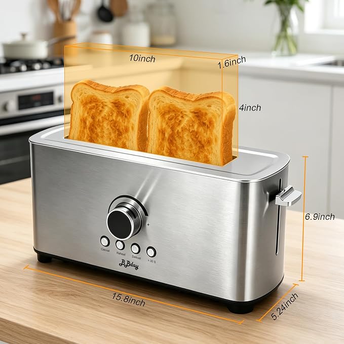 2 Slice Toaster, Long Slot Stainless Steel, 7 Browning Settings | Reheat, Defrost, Cancel, Removable crumb tray, compact design, bagel & thick bread compatible, overheat protection