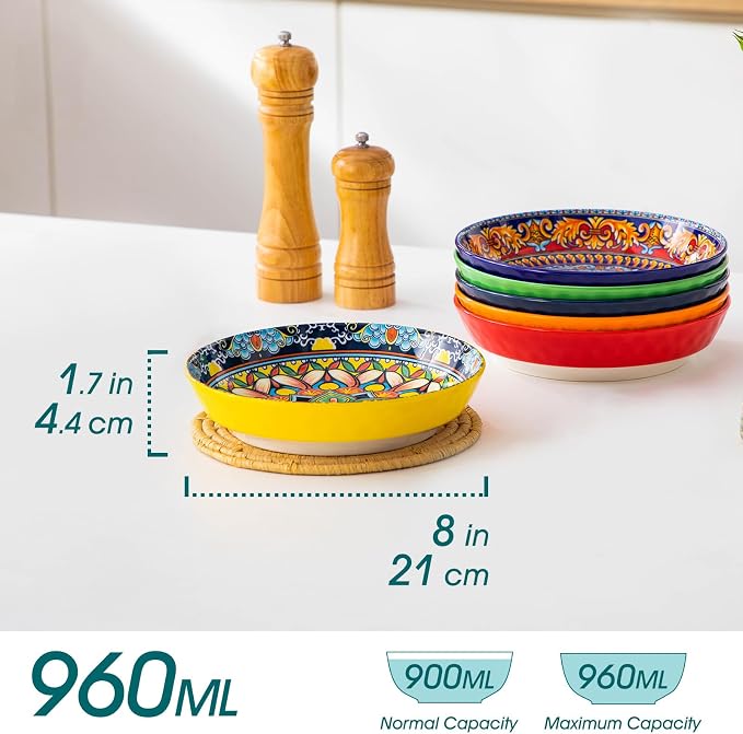vancasso 32 Oz Pasta Bowls, Porcelain Large Colorful Salad Soup Bowls Set of 6, Pasta Serving Bowls Plates for Kitchen, Dishwasher & Microwave Safe, Series KRVI