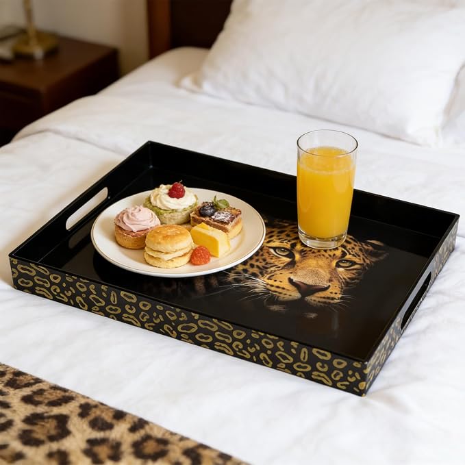 Serving Tray with Handles, 15.7 * 11.8 inches, Plastic Ottoman Tray with Exquisite Paintings, Trays for Coffee Table