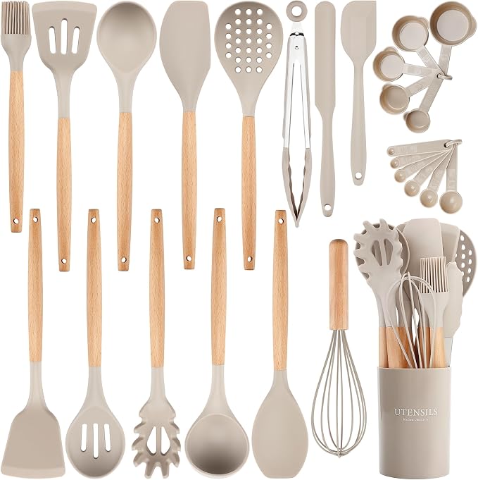 NCUE 6-Pcs Silicone Kitchen Utensils Set Wood Handle BPA-Free Food Grade (Khaki, 26 Piece)
