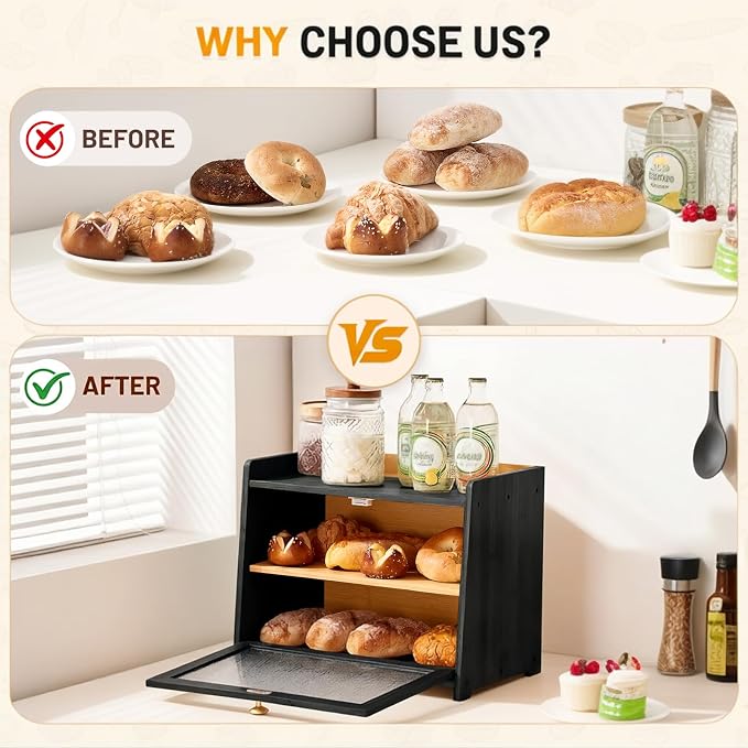 Bamboo Bread Box for Kitchen Countertop, 15.7x9.8x12.6 in, Black Color | Double Layer Bread Box, Fluted Acrylic Doors, Farmhouse Bread Box for Homemade Bread, Loaves, Bagels, Muffins & Pastries