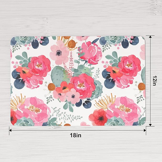 QIYI PU Leather Placemats Set of 4, 12"x18" Waterproof Table Mats, Peonies | Faux Leather, Heat Resistant, Anti Slip, Wipeable Place Mats for Kitchen Dinning, Party Table Décor, Watercolor Pink Flowers