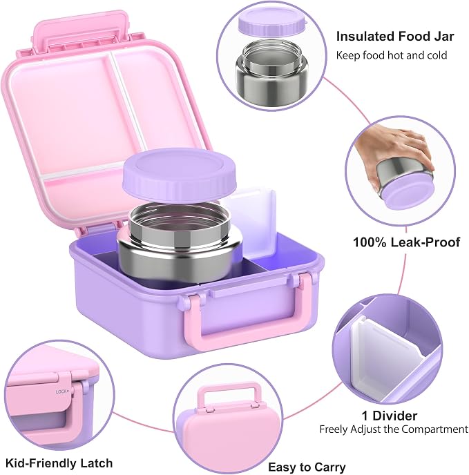 Kids Bento Lunch Box with Soup Thermo (9oz)– Hot & Cold Lunch Container with Leak Proof Insulated Food Jar for School Girls Boys, Ideal Size for Ages 3 to 7, Pink/Purple