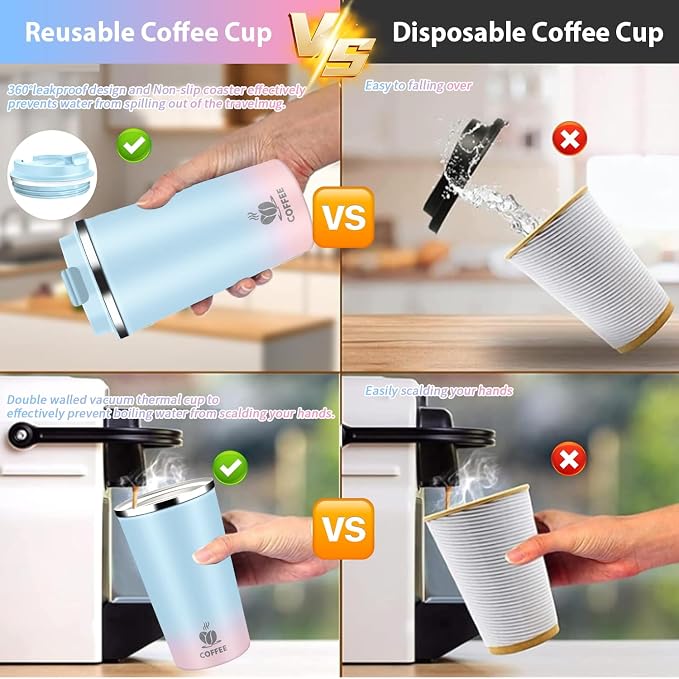Insulated Travel Coffee Mug Reusable Coffee Tumbler Cup with Flip Lid Leak Proof Spill Proof for Office School Party Camping Hot and Cold Drink,Stainless Steel 17oz (Blue Pink)