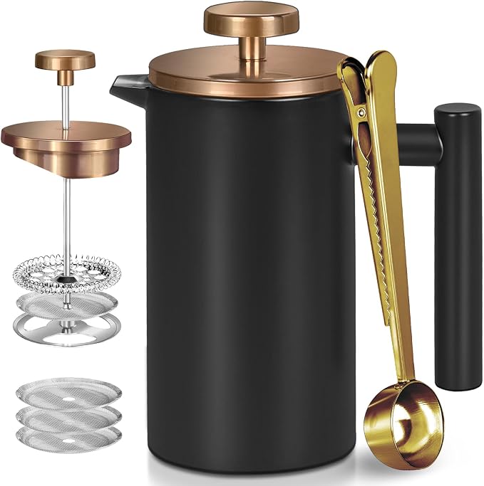 Black Stainless Steel French Press Coffee Maker, Double Wall Insulated French Press,for Coffee&Tea,with 3 Extra Screens and a Coffee Spoon,34oz/1000ml,Gold