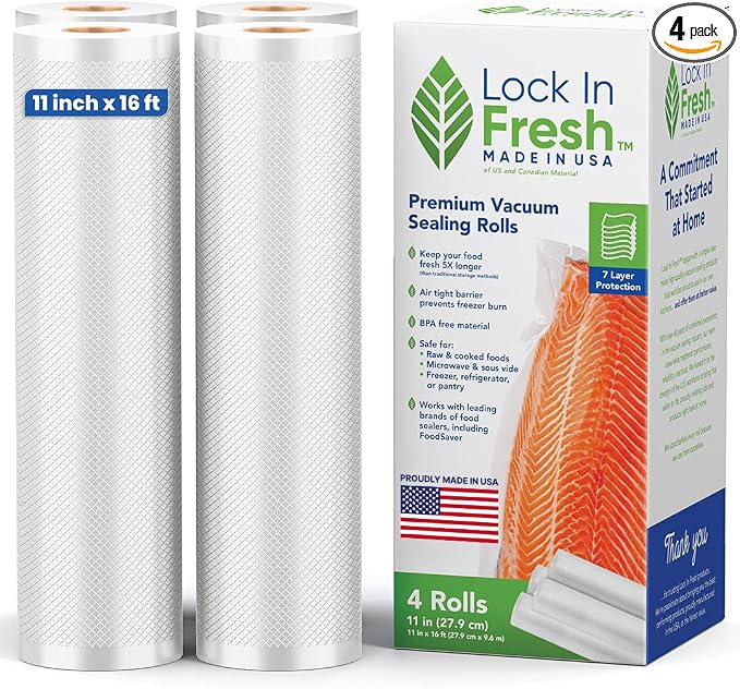 Vacuum Sealer Bags for Food - Heavy Duty Food Saver Vacuum Sealer Bag Rolls - Sous Vide, Seal a Meal Bags, 4-pack, 11" x 16' - Made in the USA
