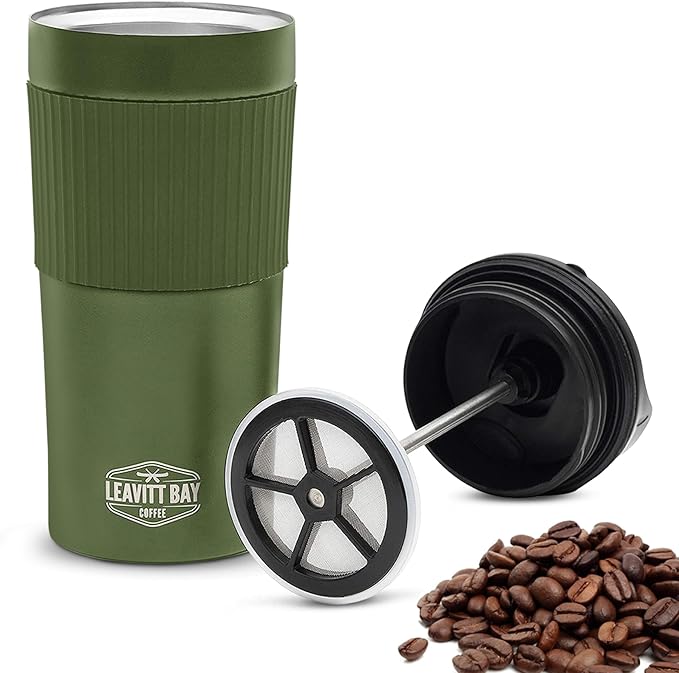 Green Portable French Press Travel Mug & Coffee Maker | Leak-resistant lid Double-wall vacuum insulation ideal for camping & travel