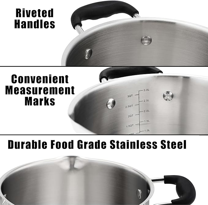 Rorence 3.7 Quart Stainless Steel Stock Pot with Lid, Pasta Pot for Cooking | Stockpot with Pour Spout & Silicone Handles & Glass Lid with Strainer