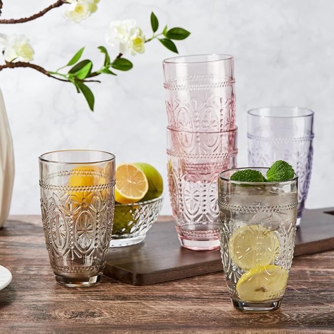 Colored Vintage Drinking Glasses Set of 4, 15.5 oz Romantic Embossed Water Glasses, Colored Tumblers Tempered Glass for Juice, Beverages, Beer, Cocktail (Gray)