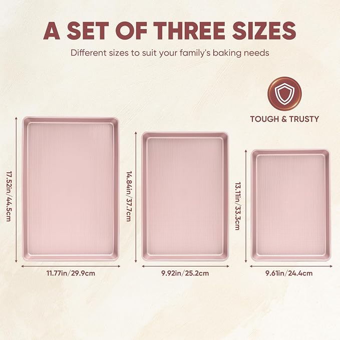 Sakerplus Nonstick Baking Sheet Set of 3, Heavy Duty Cookie Sheets for Oven | Quarter, Half & Jelly Roll Pans, 0.6mm Thick with Stripe Texture Pattern, Rust-Resistant and Easy to Clean, Pink