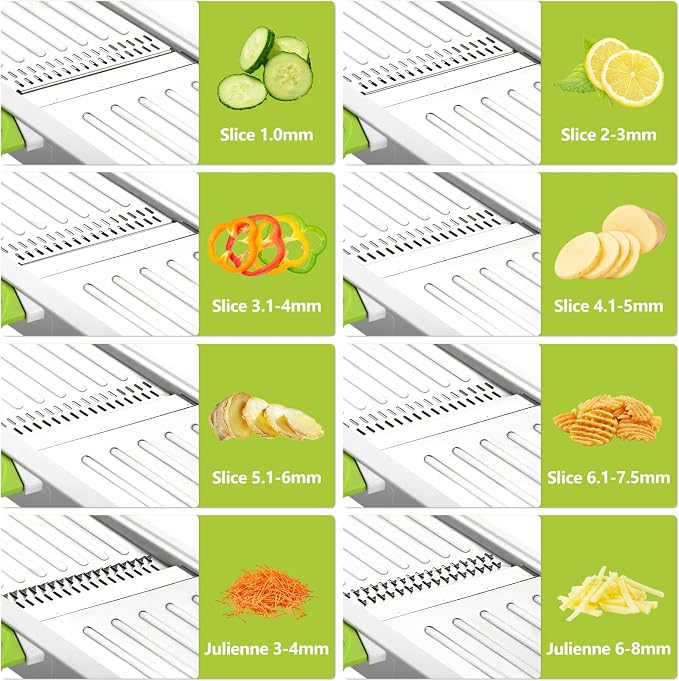 Mandoline Slicer for Kitchen, Adjustable Vegetable Potato Slicer | Stainless Steel Safe Mandolin Veggie Fruit Cutter with Food Holder, for Onion Cucumber Tomato Carrot, Green