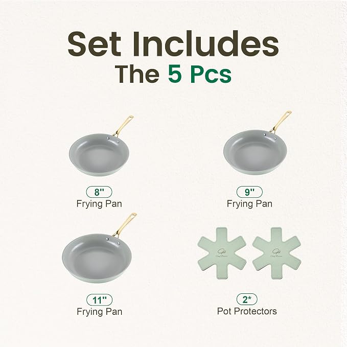 Ceramic Frying Pan with Stainless Steel handle 5Pcs Set, Non Stick Grill Pan Set, Dishwasher and Oven Safe, Sage Green and Granite Grey