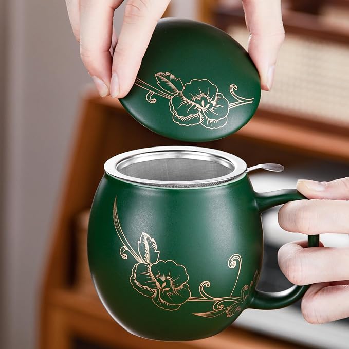 Yundu 12 OZ Ceramic Mug with Lid & Tea Strainer - Matte Green Tea Cup with Golden Flower, Stainless Steel Infuser for Loose Leaf Tea