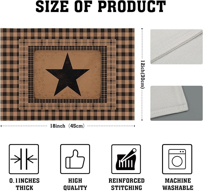 Western Star Placemats Set of 4 ，Texas Themed Primitive Table Mats Vintage Farmhouse Classic Washable Heat Resistant Linen Fabric Rectangle Place Mat 12 x 18 Inch for Indoor Outdoor Home Decor