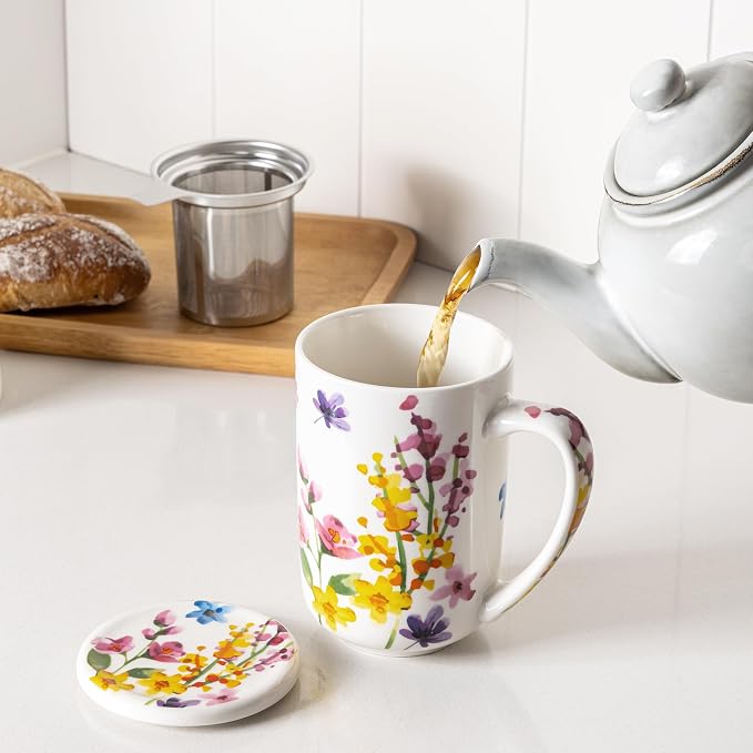 GBhome Tea Mug with Infuser and Lid,18 Ounce Ceramic Loose Leaf Cup Steeper | Lead-Free Glaze For Tea Lovers,Microwave & Dishwasher Safe with Tea Strainer