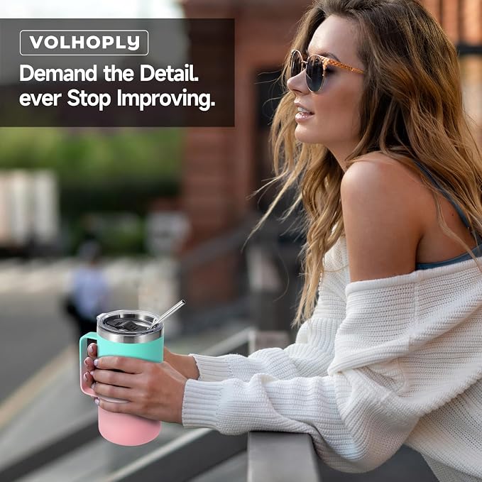 Volhoply 22oz Insulated Stainless Steel Coffee Mug with Leakproof Lid,Double Wall Vacuum Travel Coffee Cup with Handle,Reusable Metal Tumbler,Camping Mugs Keep Hot&Cold(Green Pink,1)