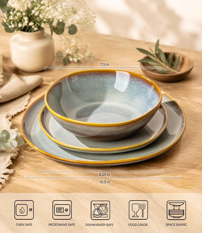 Ceramic Dinnerware Set for 4, 12-Piece Plates and Bowls Set | Handmade Reactive Glaze Dish Set, Scratch Resistant, Oven & Microwave & Dishwasher Safe, Dusk Blue