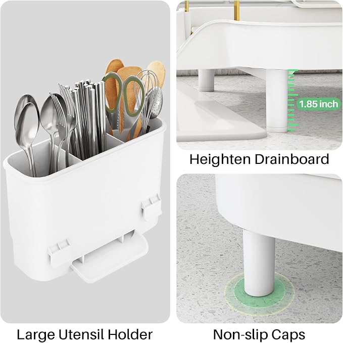 SAYZH Expandable Dish Drying Rack for Small Kitchen Counter, Gold | Stainless Steel, Protective Guardrail, Angled Drainboard, Fits High-Rim Sinks, Removable Utensil Holder