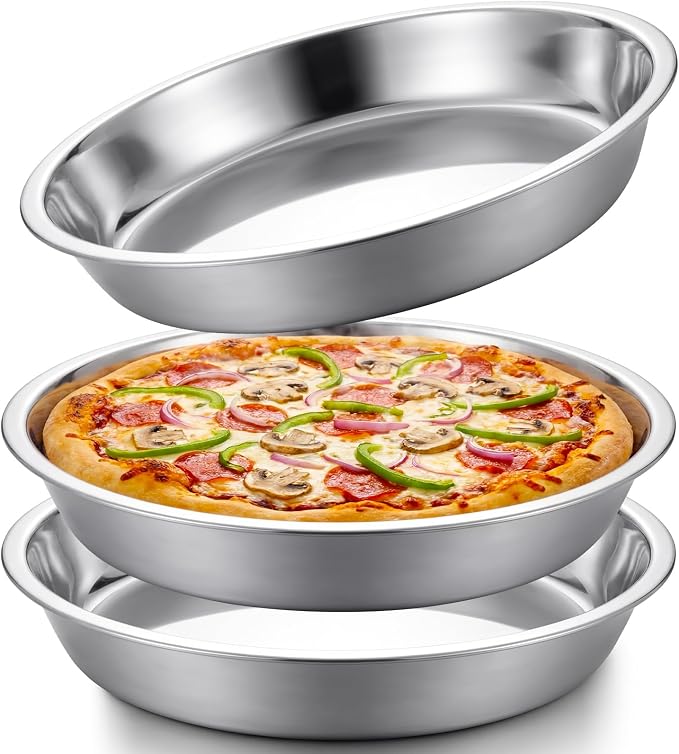 3 Pcs Deep Stainless Steel Pie Pan Set - Thickened Metal Baking Pans for Oven, Rust Proof Pie Plates for Kitchen (11 Inches,Larger Size)