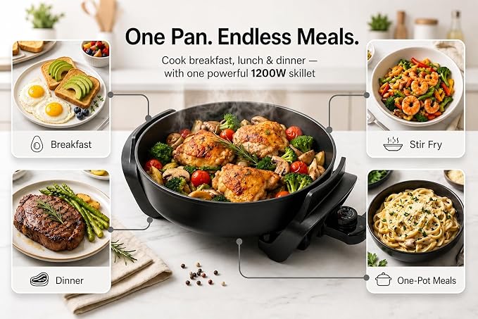 Moss & Stone Round Electric Skillet with Lid, 12-Inch Nonstick Frying Pan | 5 Qt Electric Frying Pan with Adjustable Temperature Control, Vented Glass Lid, Heat-Resistant Handles & Dishwasher Safe