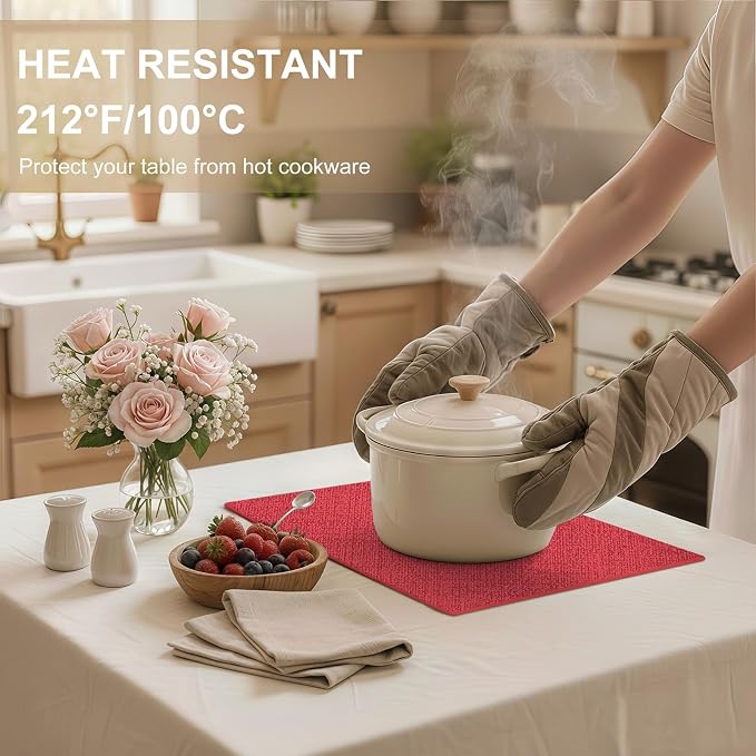 Faux Leather Heat Resistant Placemats 8 Packs, Waterproof Wipeable Dining PU Place Mats for Indoor & Outdoor, Easy to Clean, Red