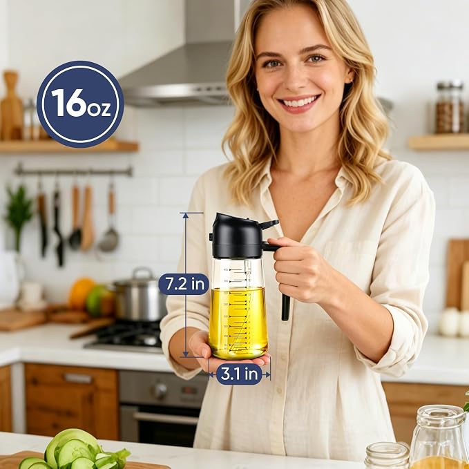 Olive Oil Sprayer for Cooking – 2 in 1 Olive Oil Dispenser Bottle for Kitchen（16 Oz）