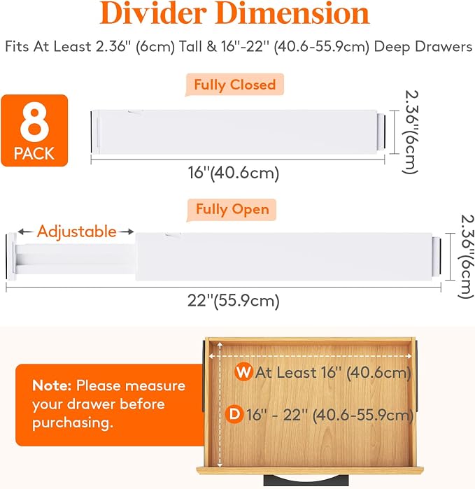 Lifewit 2.36" Upgrade Kitchen Drawer Dividers, Adjustable Drawer Organizer | 16"-22" Expandable White Drawer Separator for Clothes/Utensils, Dresser/Cabinet/Closet/Nursery Organization & Storage, 8 Pack