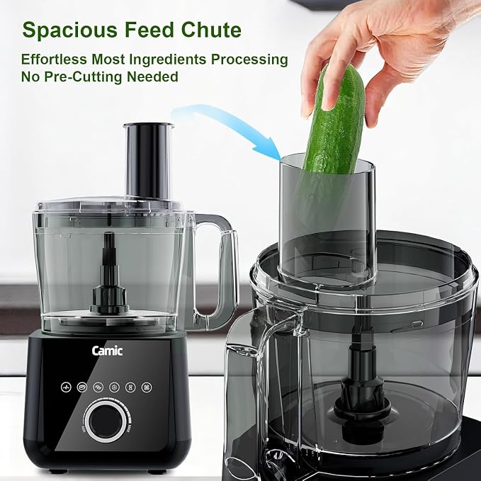 Camic Food Processor, 600W, Shredding and Slicing, French Fries Cutter, Kneading, Meat and Vegetable Chopping, Ice Crushing, 6 Presets, Easy to Operate and Clean for Home Use (Standard Version)