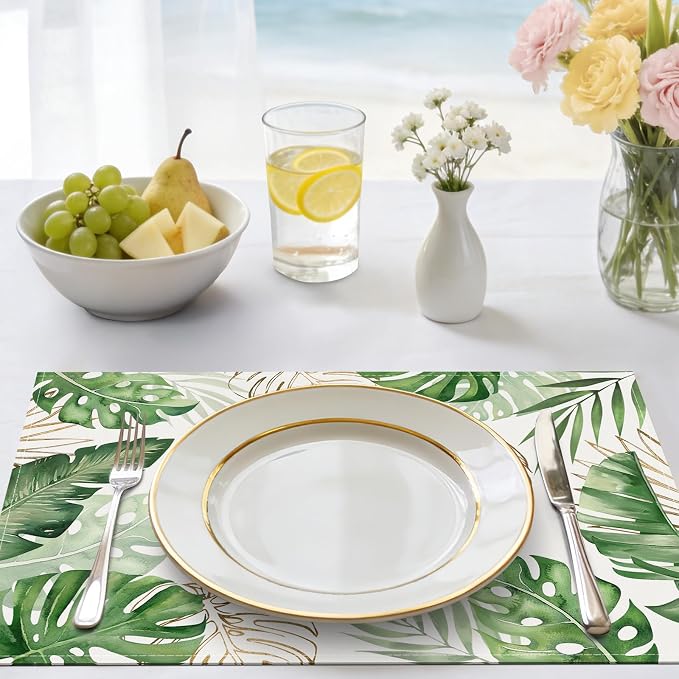 Bonhause Tropical Palm Leaves Monstera Placemats Set of 4, 12x18 Inch Summer Hawaiian Green Plants Kitchen Dining Table Mats Washable Place Mats for Indoor Outdoor Home Party Decor