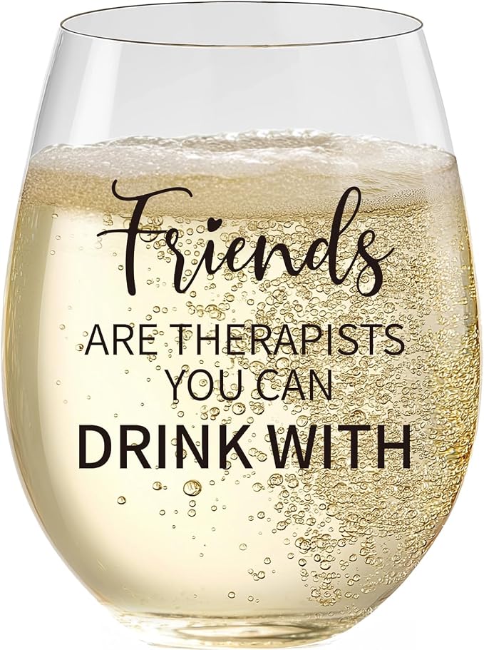 Birthday Gifts for Women Friendship 15 oz Wine Glasses, Dishwasher Safe | “Friends Are Therapists You Can Drink With” – Scratch-Resistant Wine Glass, Best Friend Birthday Gifts for Women (Black)