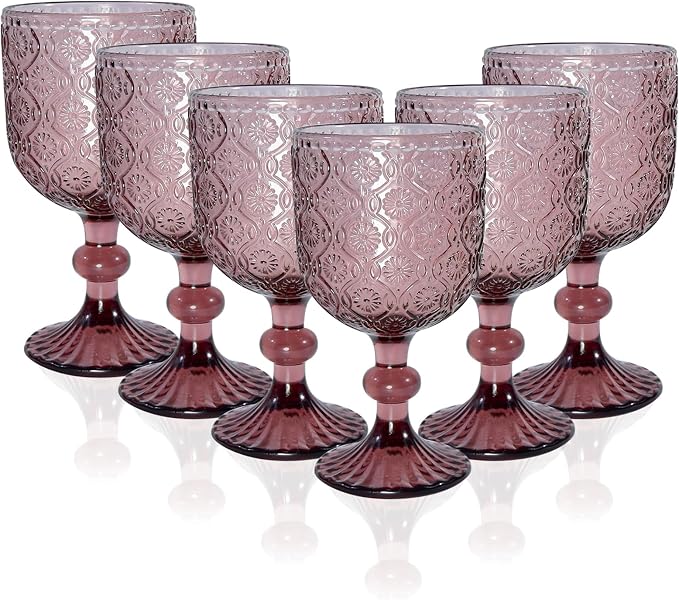 Purple pink Wine Glasses set of 6, 14 oz Purple pink Goblets Glassware (not painted or coated), Colored Vintage Glassware for Weddings, Parties, Restaurants, Bars, Cafeterias, Dishwasher Safe