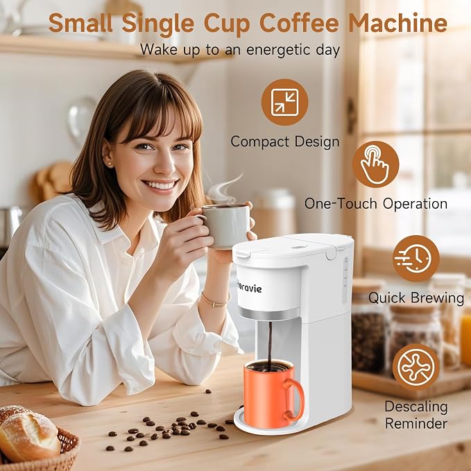 Small Single Serve Coffee Maker, One Cup Coffee Machine for K-Cup & Grounds | Portable Pod Coffee Maker, Fast Brew, 6 to 12 oz. Brew Sizes, One Button Design, Easy for Elder to Use, Space Saving, Black