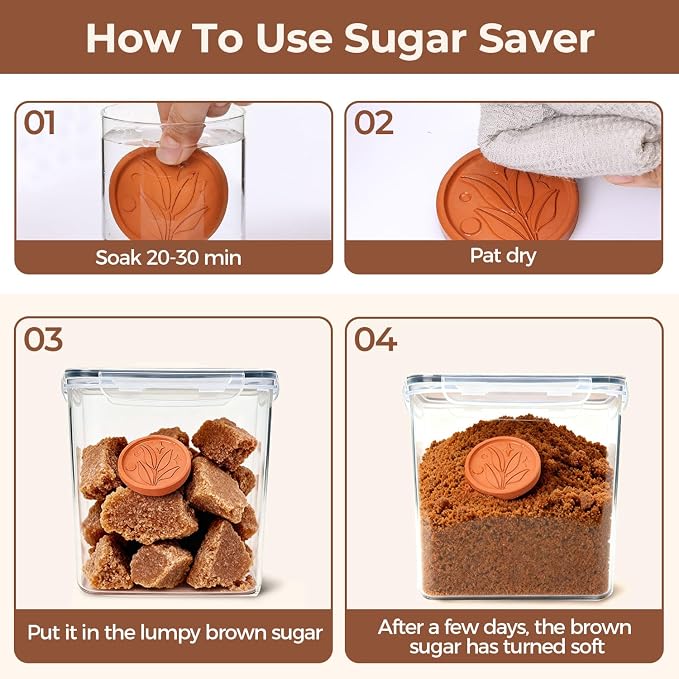 ComSaf Airtight Brown Sugar Containers with Terra Cotta Saver 2.6Qt 2Pack | Plastic Food Storage Canister with Lid, Sugar Flour Cereal Oats, Pantry Kitchen, Stackable Brown Sugar Keeper, Label & Scoops