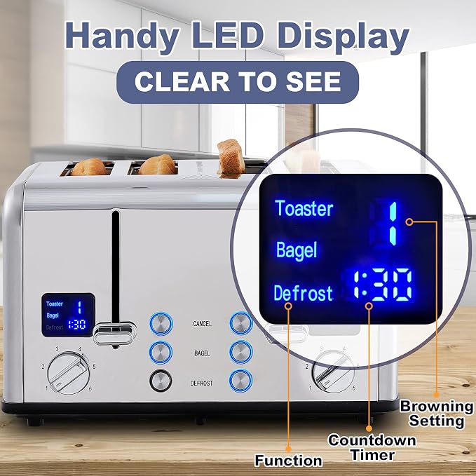 CUSIMAX 4 Slice Stainless Steel Toaster with Digital Display, Silver | LED Display with Countdown Timer, 6 Browning Levels, Bagel/Defrost/Cancel, Dual Independent Controls, 1.5" Extra Wide Slots