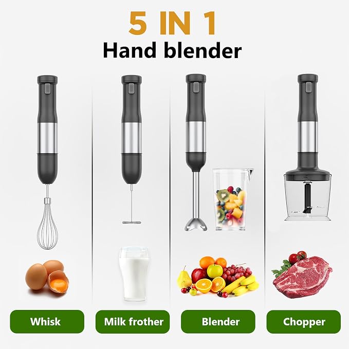 5-in-1 Cordless Immersion Blender with Rechargeable Handheld Battery | Variable-speed 2000mAh Battery，BPA-free&Dishwasher-safe, with Beaker, Chopper, Whisk & Frother for Kitchen, Grey