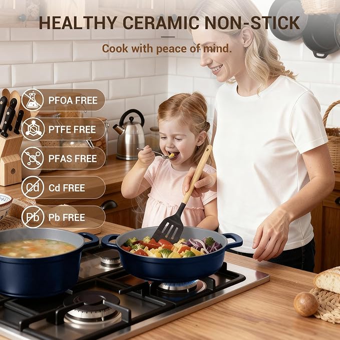 4.5 Qt Non Stick Soup Pot with Lid, Ceramic Stockpot Set, Cooking Pot for All Stovetops, All-in-One Non Toxic Pot for Stews, Soups & Pasta, Easy to Clean, Induction Ready, PFAS Free