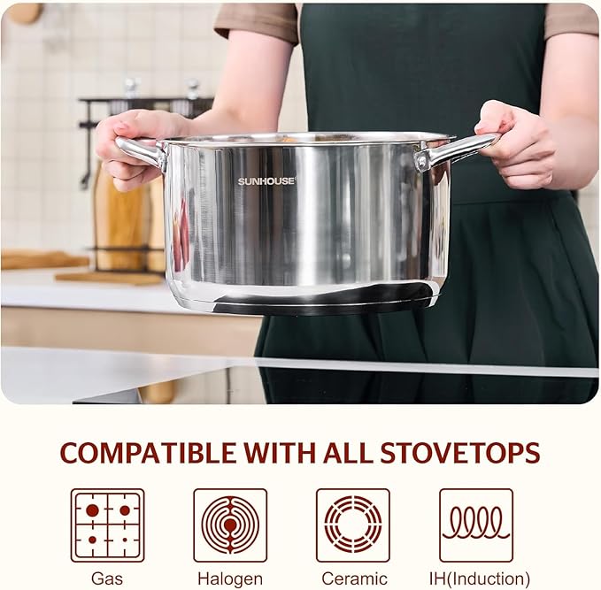 Sunhouse Stock Pot with Lid - 7 QT Large Pot for Cooking Pasta, Soup, Ollas | Impact-bonded Base Big Stainless Steel Pots for Canning, Boiling, Spaghetti - Oven Safe & Induction Compatible