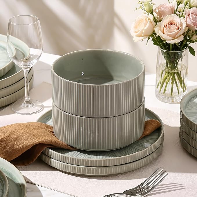 Stoneware Dinnerware Sets for 4, 12-Piece Plates and Bowls Set, Light Green | Advanced Inkjet Printing Ceramic Dishes, Chip & Scratch Resistant, Microwave and Dishwasher Safe Tableware