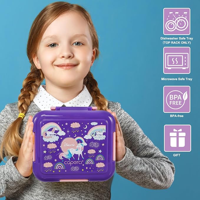 Caperci Bento Box for Kids Age 4-8 - Leak-Proof Toddler Lunch Box Container with 2 Modular Containers & 4 Compartments, Hold 4.8 Cups, Portable Handle, BPA-Free, Microwave/Dishwasher Safe (Unicorn)