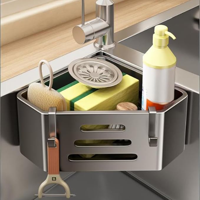 Kitchen Sink Sponge Holder – Adhesive No-Drill Caddy, Rustproof Organizer with Suction Cups | Storage Rack for Sponge, Soap, Stopper & Brush (Sink Caddy With 2 Hooks) | Kitchen Sink Sponge Holder