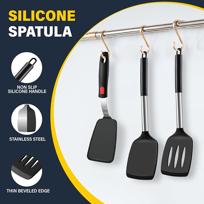 Silicone Spatula Set, Heat Resistant Solid & Slotted Turner for Non-Stick Pans, Silicone Cooking Utensils Set, BPA-Free, Flexible Spatula Turner for Flipping Eggs, Burgers, Pancakes, Black, 3 PCS-A