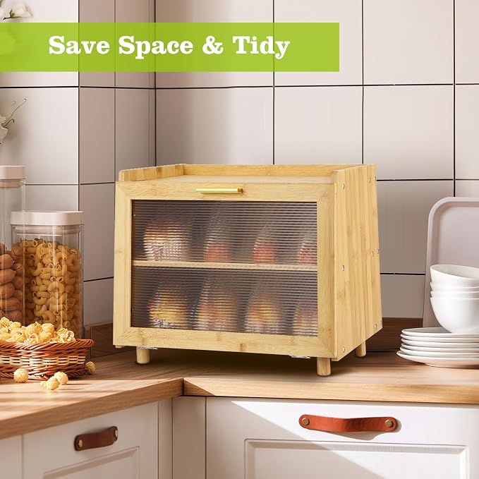 Garvee 2-Tier Bamboo Bread Box for Kitchen Counter, Farmhouse with Window | Clear Window, Strong Magnetic Closure, Compact Footprint, Flat Top, for Kitchen Countertop, Naural & Gold
