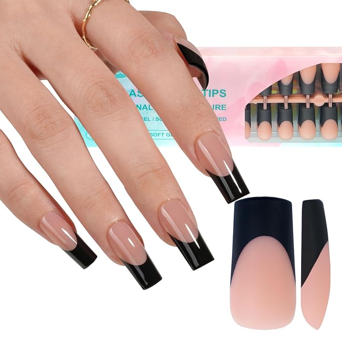 Misssix 240Pcs Black French Tip Press on Nail Long Square Gel Fake Nails | No Need to File 3 in 1 French Gel Nail Tips Pre-lasting, Fake Nails for Nail Art DIY 15 Sizes