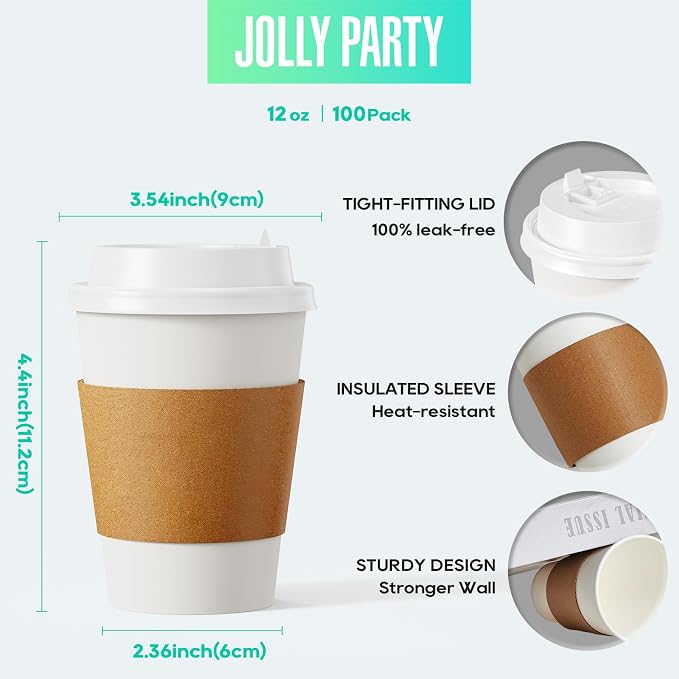[100 Pack] 12 oz Paper Coffee Cups, Disposable Paper Coffee Cup with Lids, Sleeves, and Stirrers, Hot/Cold Beverage Drinking Cup for Water, Juice or Tea, Suitable for Home, Shops and Cafes