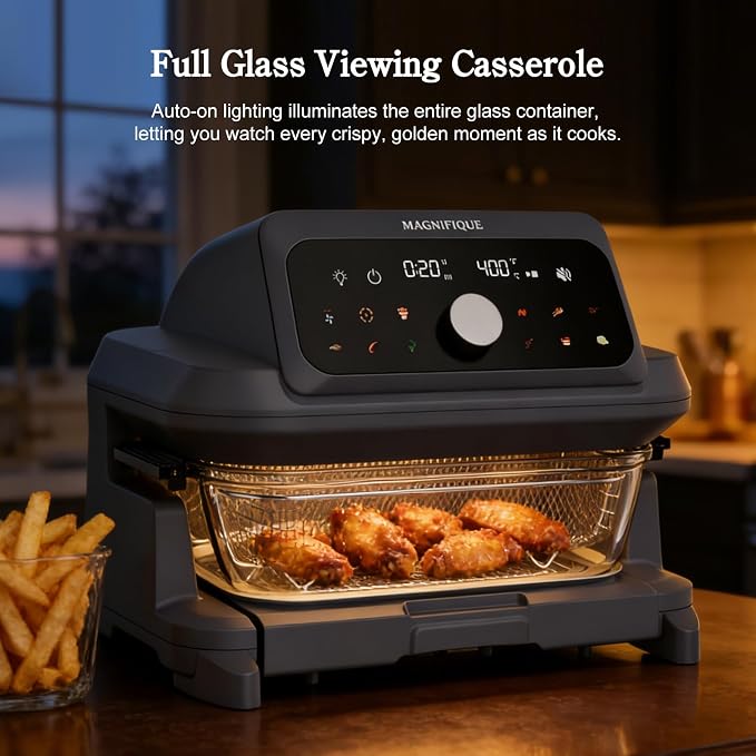 MAGNIFIQUE Casserole Air Fryer 6 Quart Large Capacity, Glass Air Fryer Oven Non Toxic, 12-in-1 Digital Touchscreen, Full Glass Viewing Window, Rapid Hot Air Circulation, Includes Basket & Storage Lid