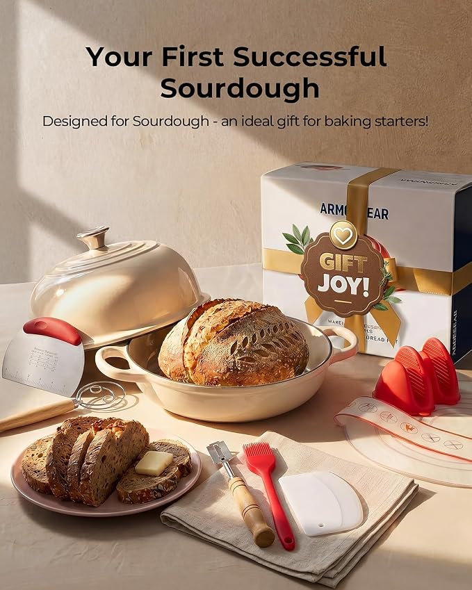 5QT Enameled Cast Iron Sourdough Bread Oven & Starter Kit, White | Tight-fitting Dome Lid Helps Retain Steam, Baking Kit Supports Proofing, Scoring & Dough Transfer, Complete Artisan Bread Set