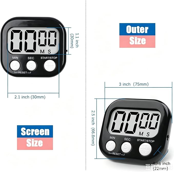 12 Pack Digital Kitchen Timer Large LCD Display Loud Alarm Strong Magnetic Stand, Minute Seconds Count Up Countdown and Simple Operation Timers for Cooking, Bathroom, Kids, Teacher, Classroom - Black