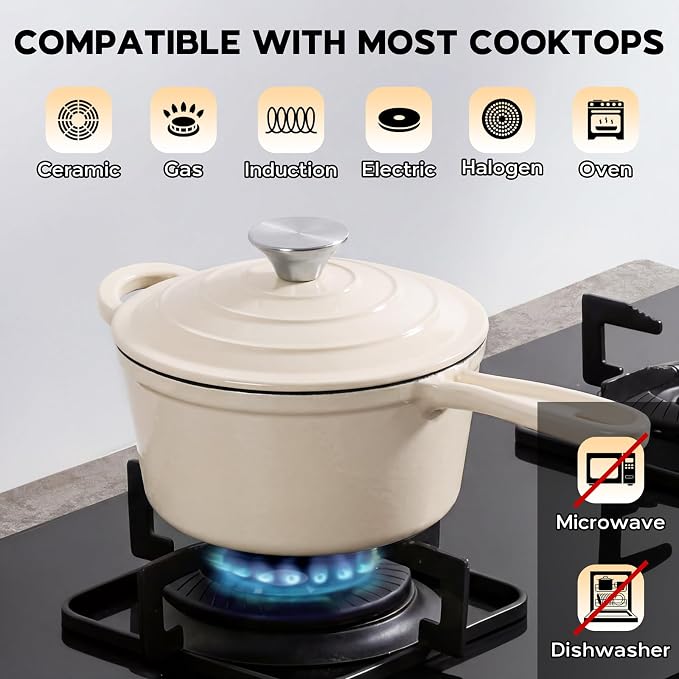 Onader 2QT Saucepan with Lid, Enameled Cast Iron Sauce Pan Pot, Small Dutch Oven Cooking Kitchen Pot, Nonstick & Heavy Duty – Cream White