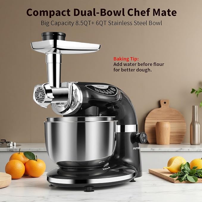 Stand Mixer, 8.5QT+ 6QT Two Stainless Steel Bowls Electric Food Mixer Black | 7 in 1 Multifunctional Kitchen Mixer with Dough Hook, Whisk, Beater, Meat Grinder,Pasta & Cookie Maker